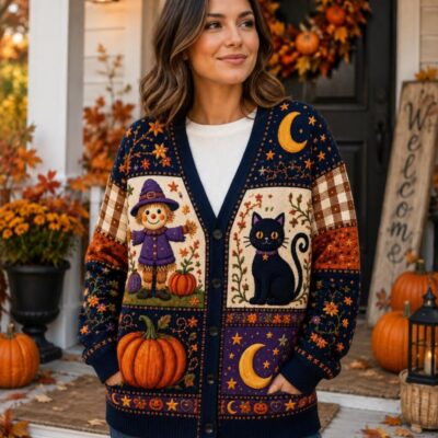 Halloween Vintage Ghost Bat Haunted Cardigan