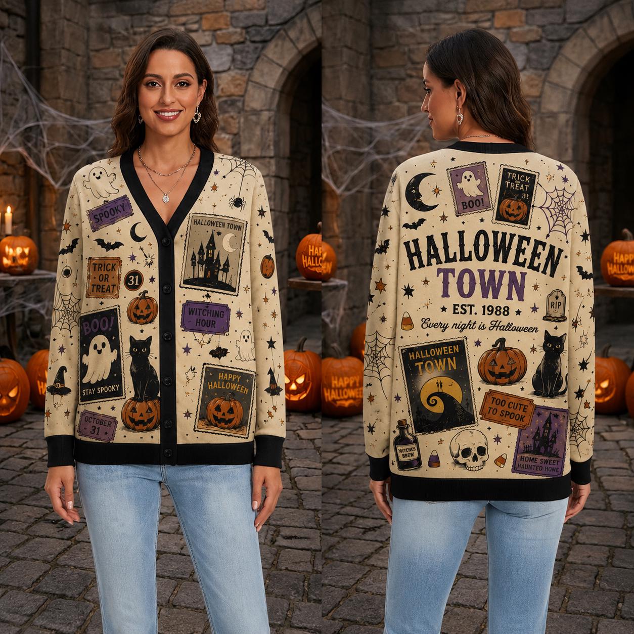 Halloween Vintage Spooky Town Cat Cardigan