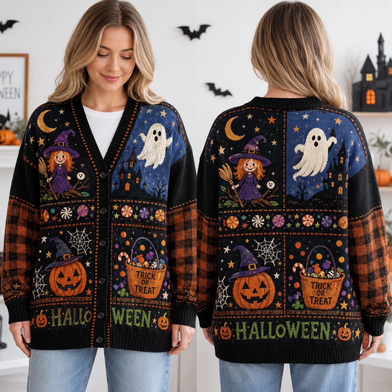 Halloween Cute Ghost Witch Cat Cardigan - Image 2