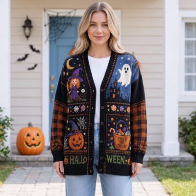 Halloween Cute Ghost Witch Cat Cardigan