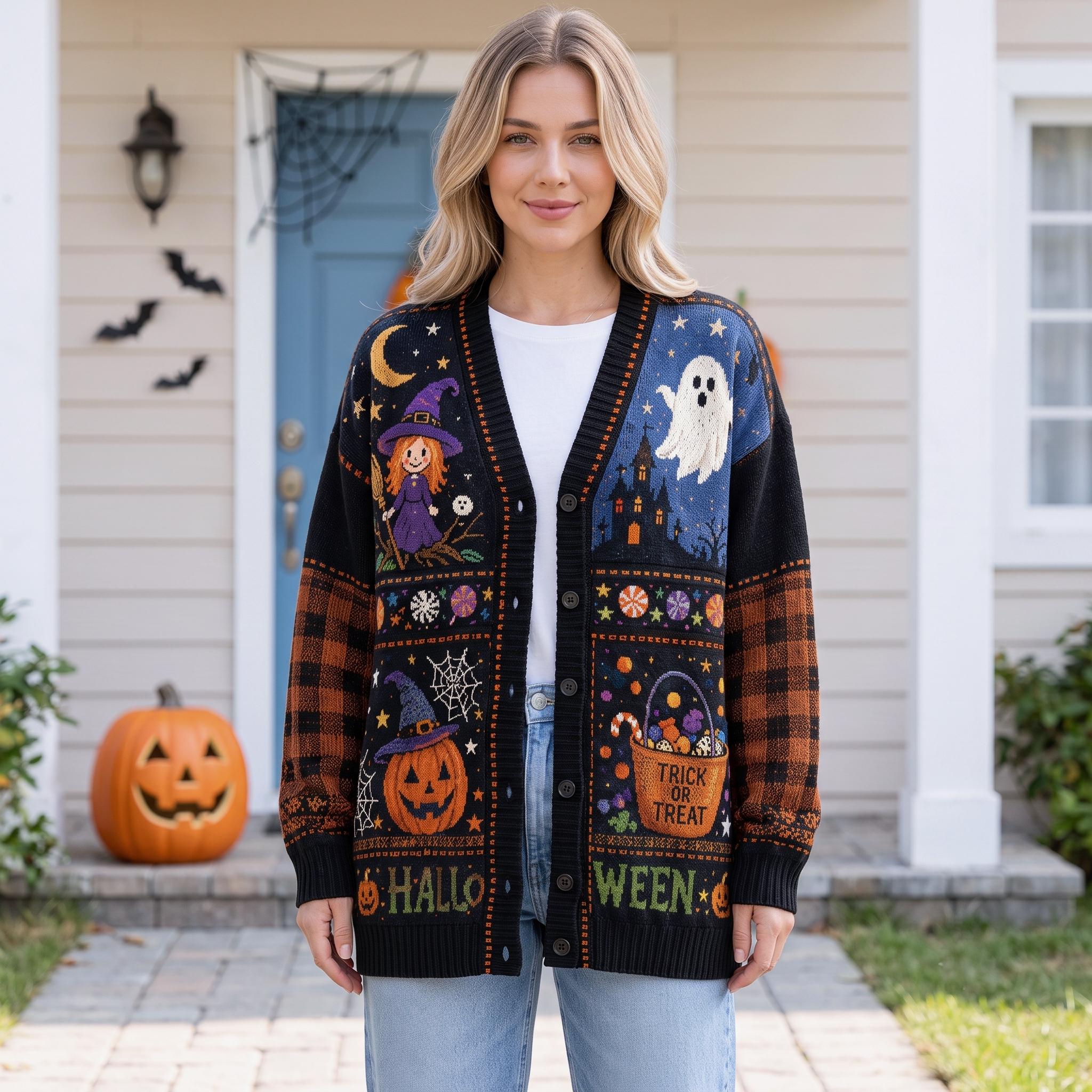 Halloween Cute Ghost Witch Cat Cardigan