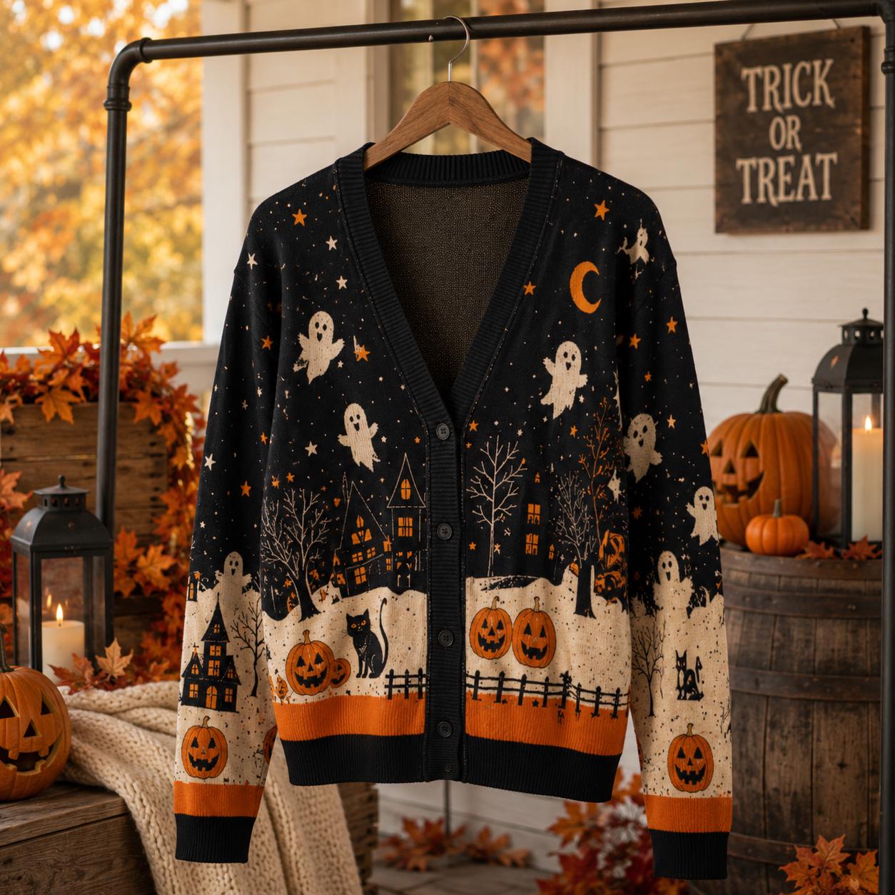 Halloween Ghost Pumpkin Cat Haunted Cardigan - Image 2