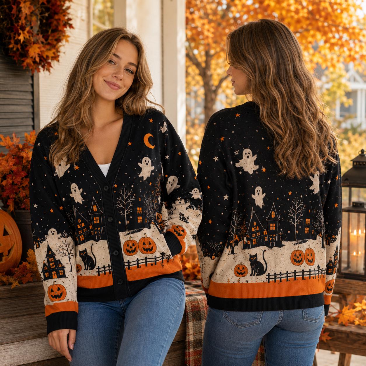 Halloween Ghost Pumpkin Cat Haunted Cardigan - Image 3