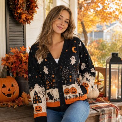 Halloween Ghost Pumpkin Cat Haunted Cardigan