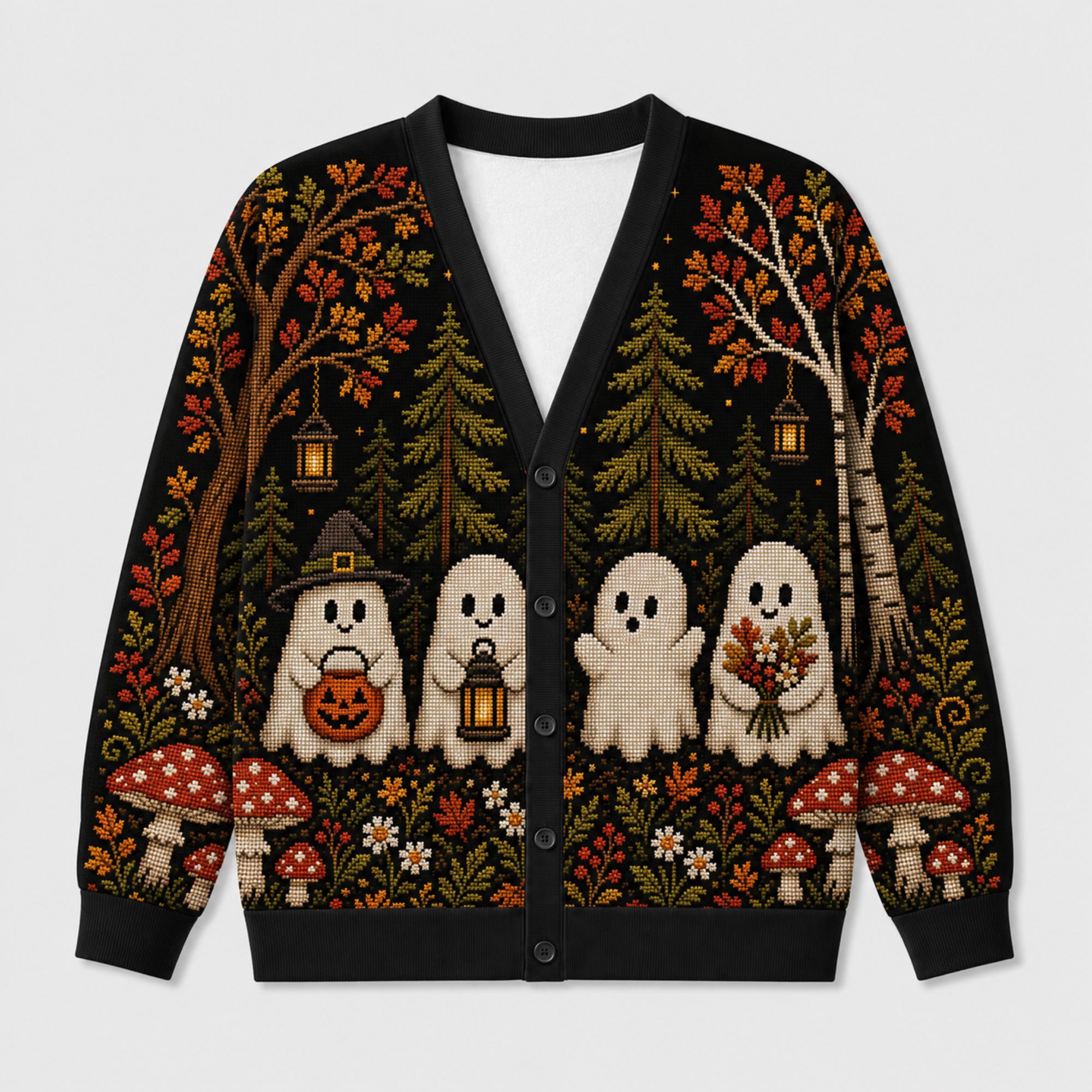 Halloween Ghost Woodland Folk Art Cardigan - Image 2