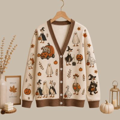 Halloween Duck Ghost Goose Witch Cardigan