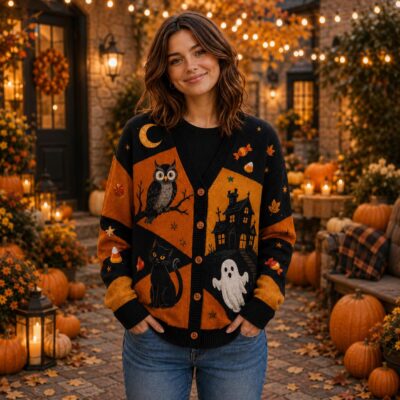 Halloween Black Cat Pumpkin Retro Cardigan