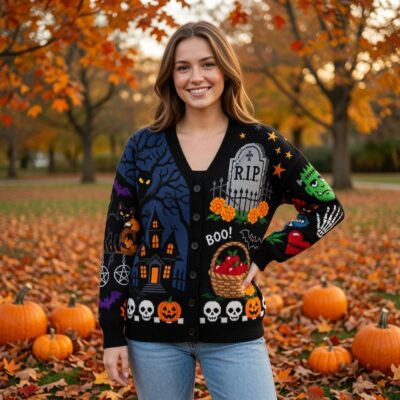 Halloween Gothic Graveyard Haunted Pumpkin Cardigan