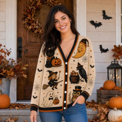 Halloween Vintage Witch Cat Owl Cardigan