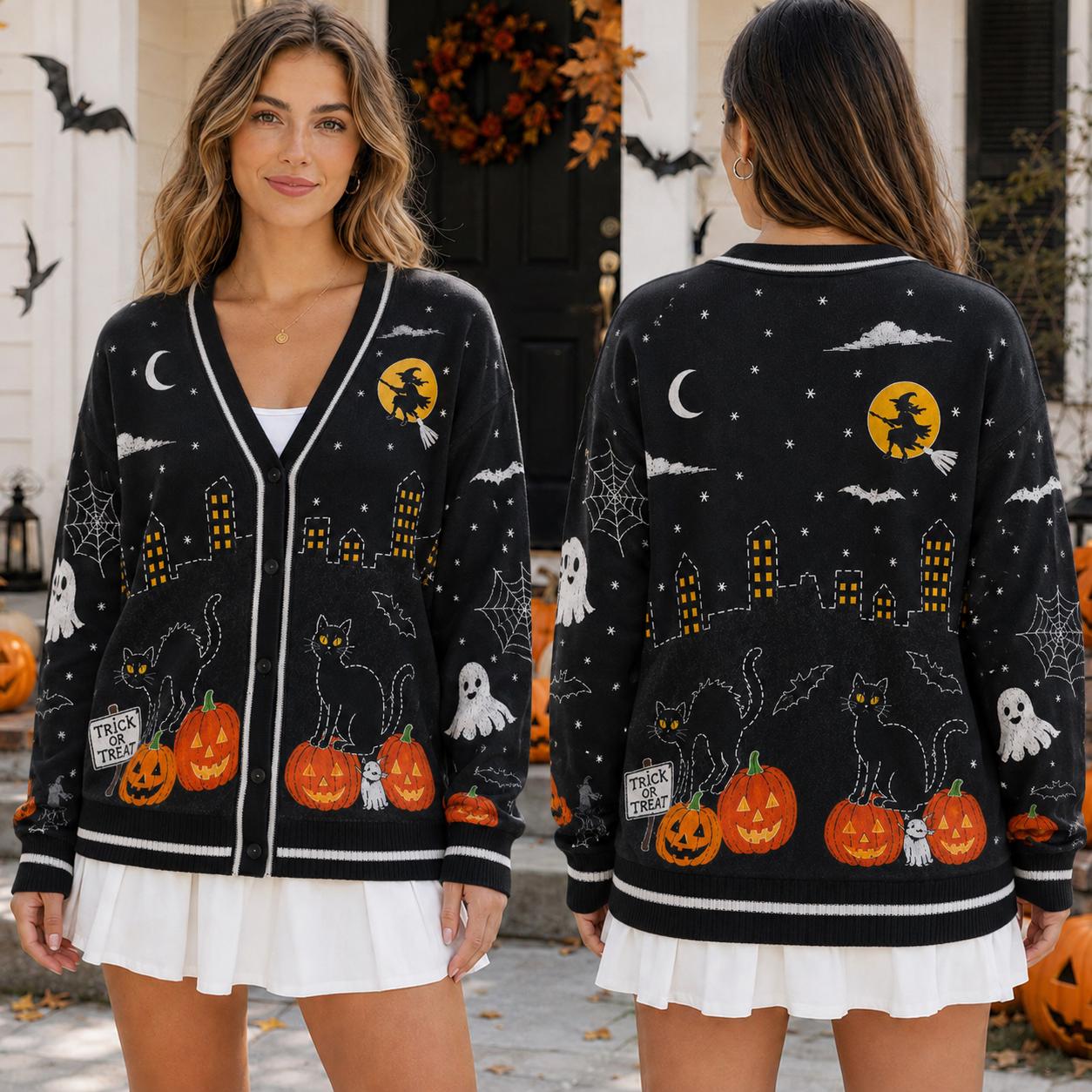 Halloween Gothic Black Cat Pumpkin Cardigan - Image 3