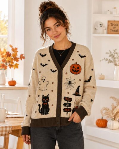 Halloween Witchy Pumpkin Ghost Cat Cardigan