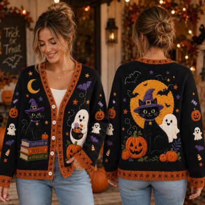 Halloween Personalized Black Cat Witch Cardigan