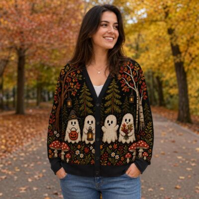 Halloween Ghost Woodland Folk Art Cardigan