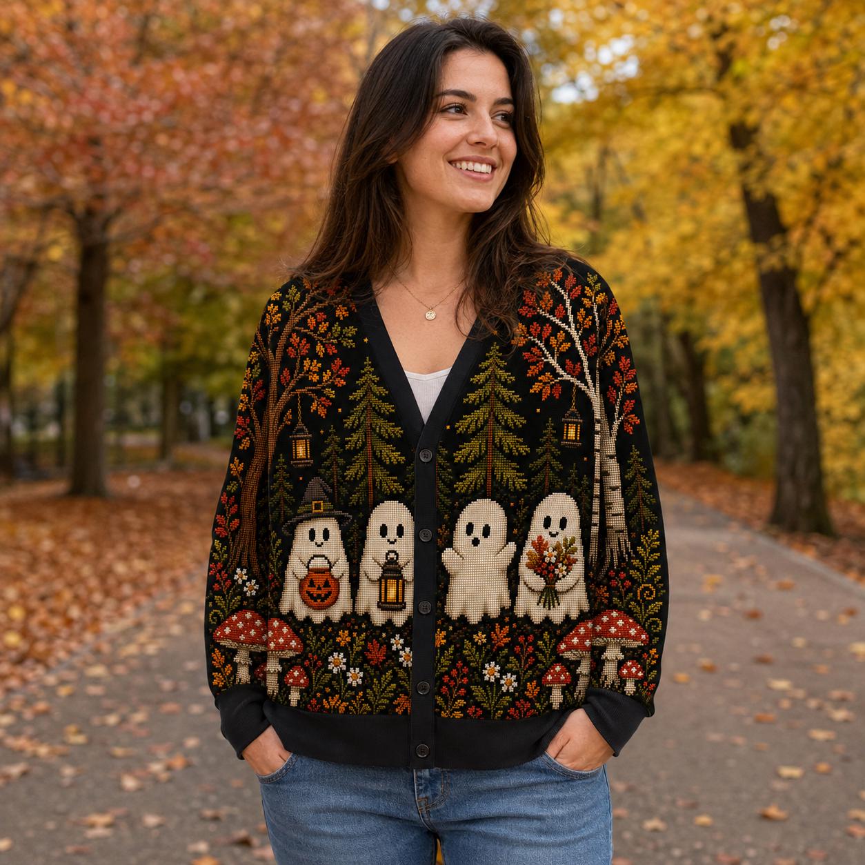 Halloween Ghost Woodland Folk Art Cardigan