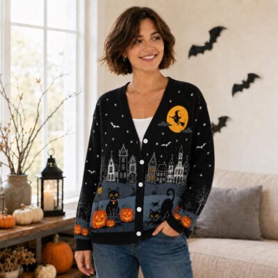 Halloween Witch Moon Haunted Village Cardigan
