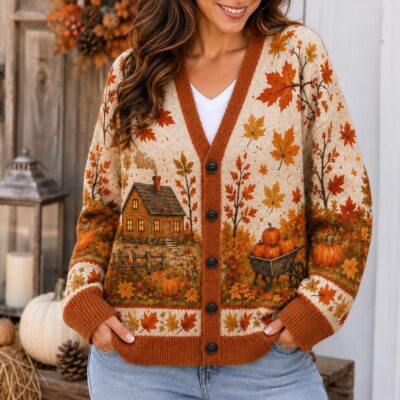 Halloween Cozy Cottagecore Cabin Landscape Cardigan