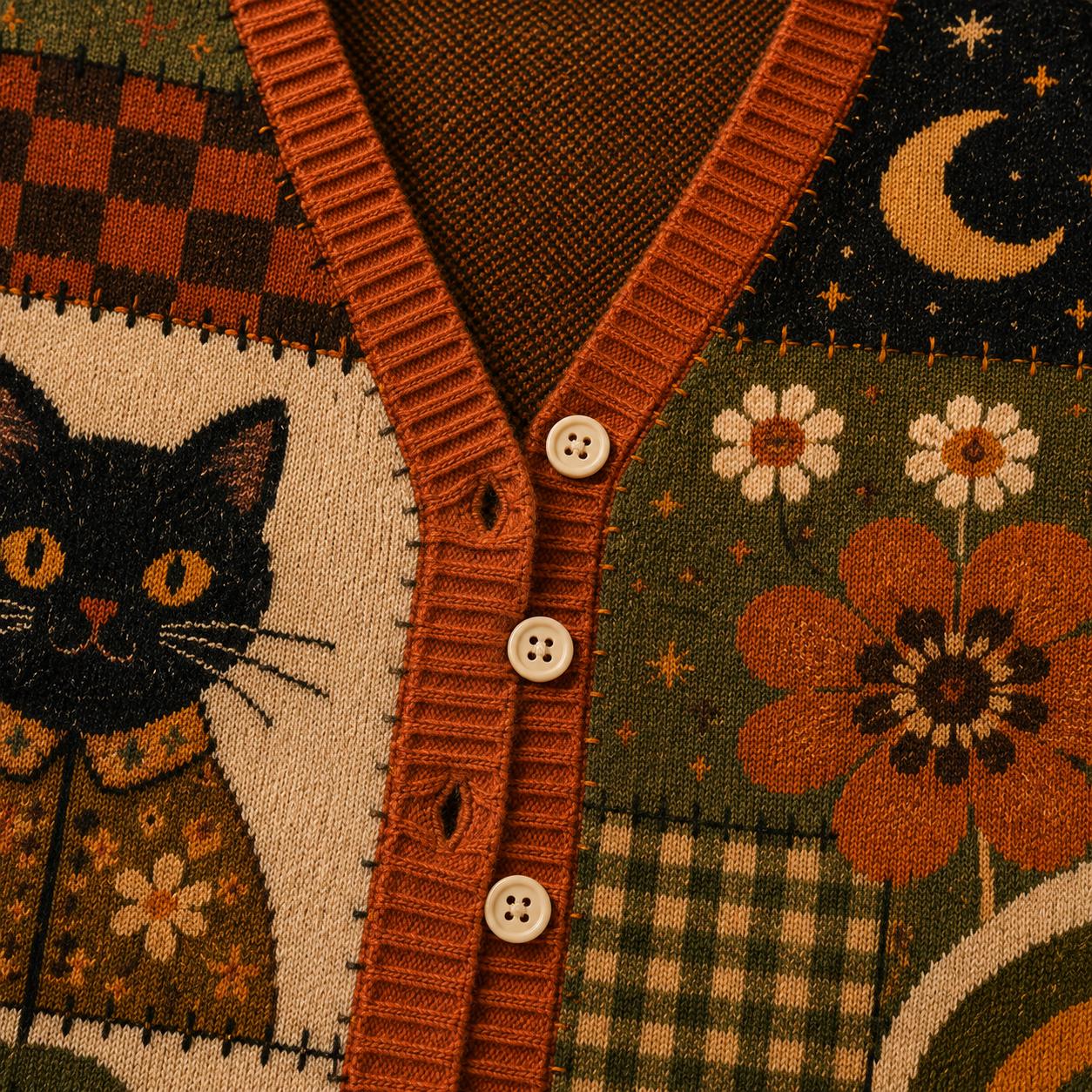 Halloween Black Cat Pumpkin Patchwork Cardigan - Image 3