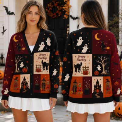 Halloween Vintage Ghost Pumpkin Bear Cardigan