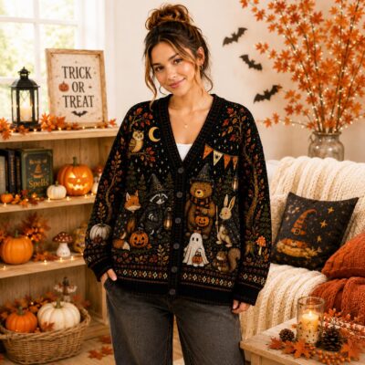 Halloween Cottagecore Fox Raccoon Ghost Cardigan