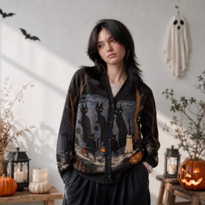 Halloween Gothic Black Cat Haunted Cardigan