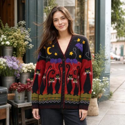 Halloween Whimsical Black Cat Witchy Cardigan