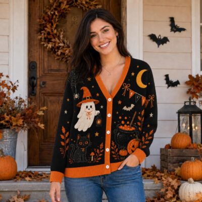 Halloween Witch Cat Pumpkin Cauldron Cardigan