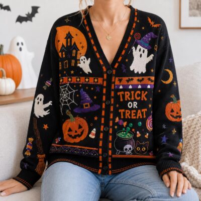Halloween Ghost Pumpkin Witch Autumn Cardigan