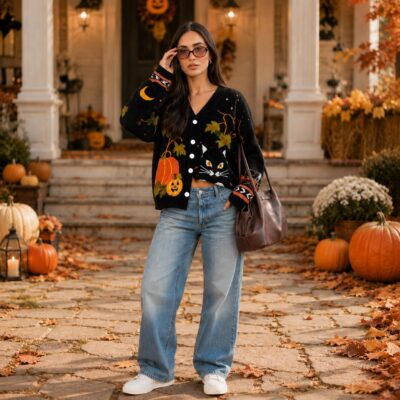 Halloween Vintage Black Cat Pumpkin Cardigan
