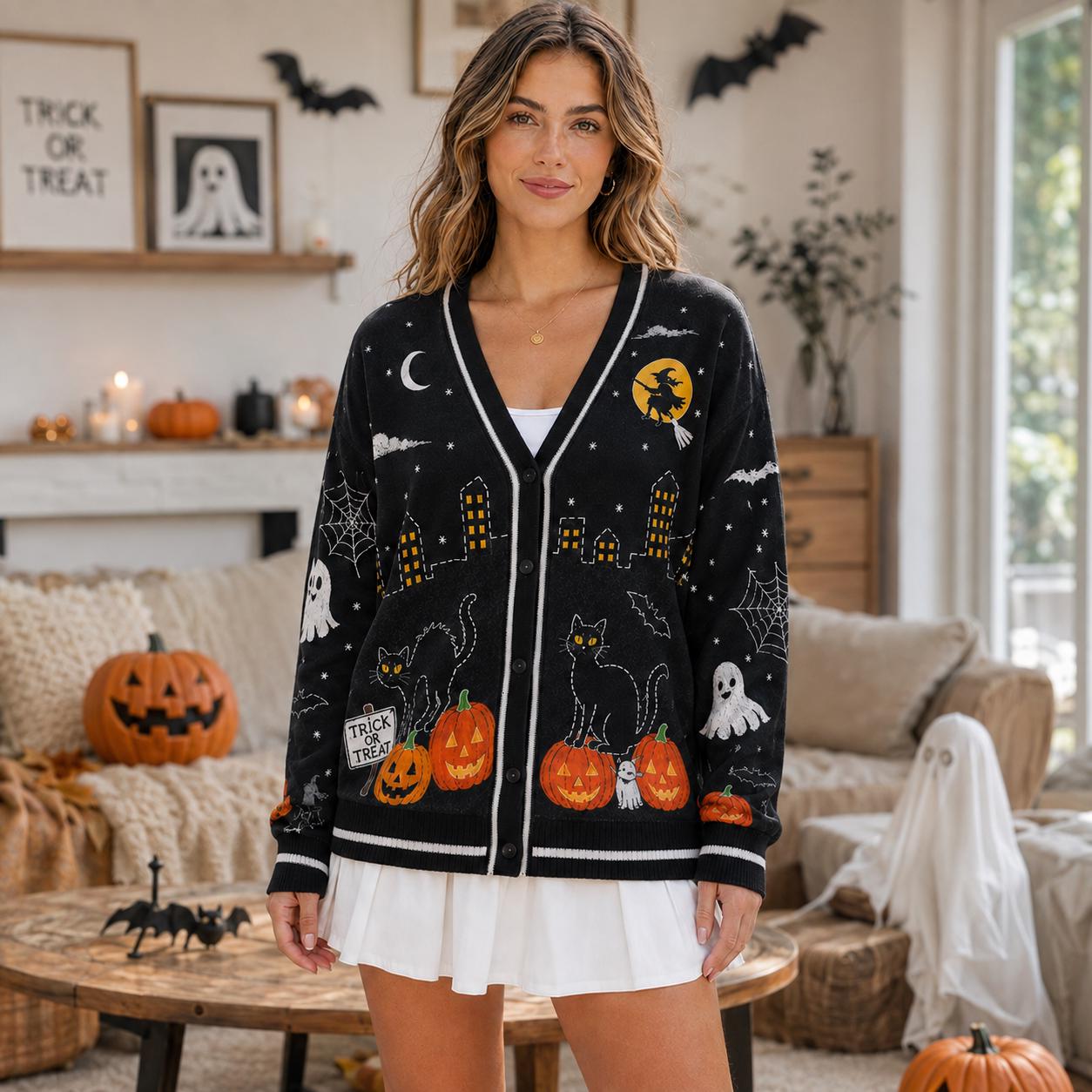 Halloween Gothic Black Cat Pumpkin Cardigan