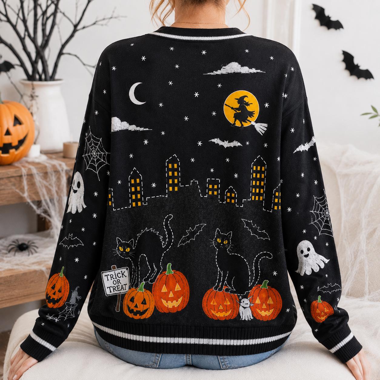 Halloween Gothic Black Cat Pumpkin Cardigan - Image 2