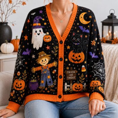 Halloween Ghost Pumpkin Scarecrow Witch Cardigan
