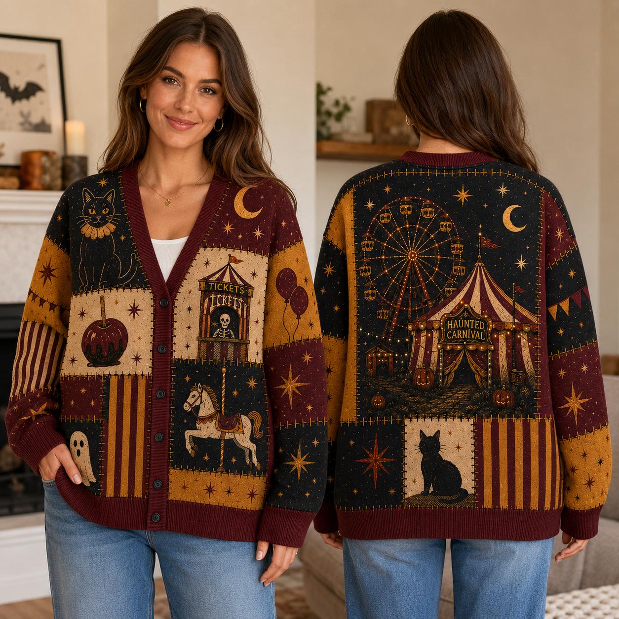 Halloween Vintage Carnival Black Cat Cardigan - Image 3