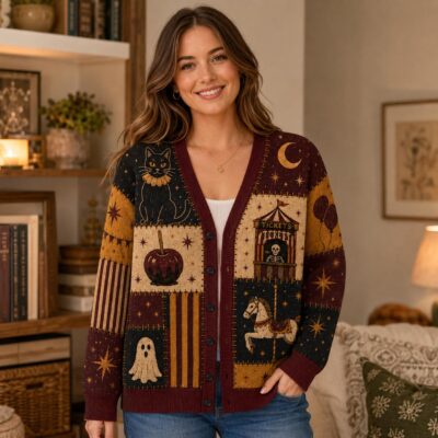 Halloween Vintage Carnival Black Cat Cardigan