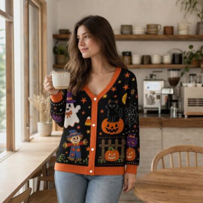 Halloween Whimsical Witchy Pumpkin Ghost Cardigan