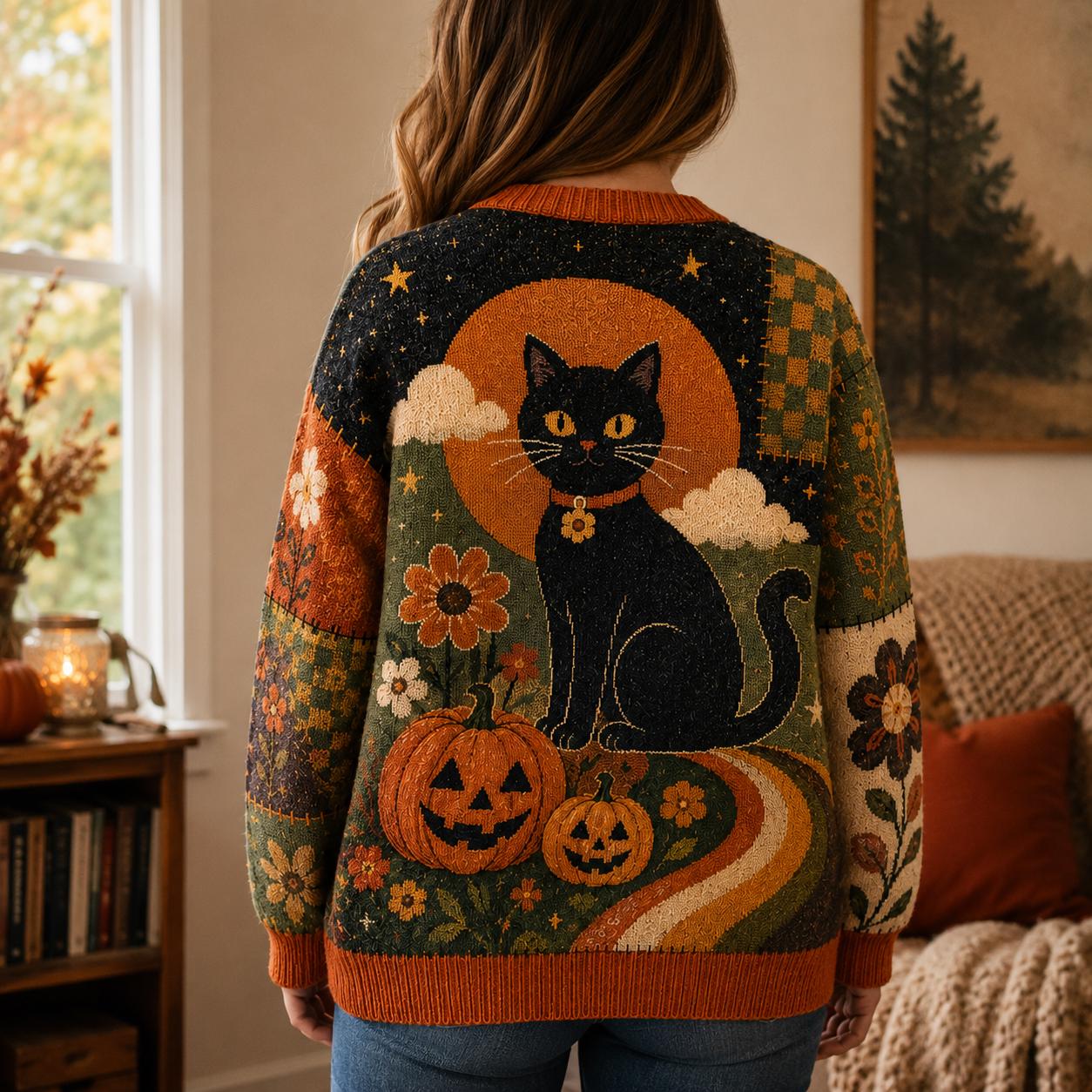 Halloween Black Cat Pumpkin Patchwork Cardigan - Image 2
