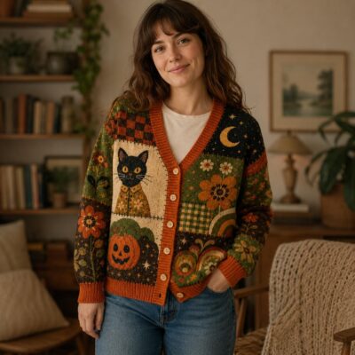 Halloween Black Cat Pumpkin Patchwork Cardigan