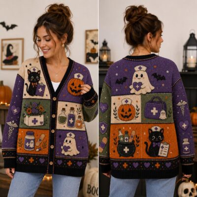 Halloween Nurse Ghost Pumpkin Medical Cardigan