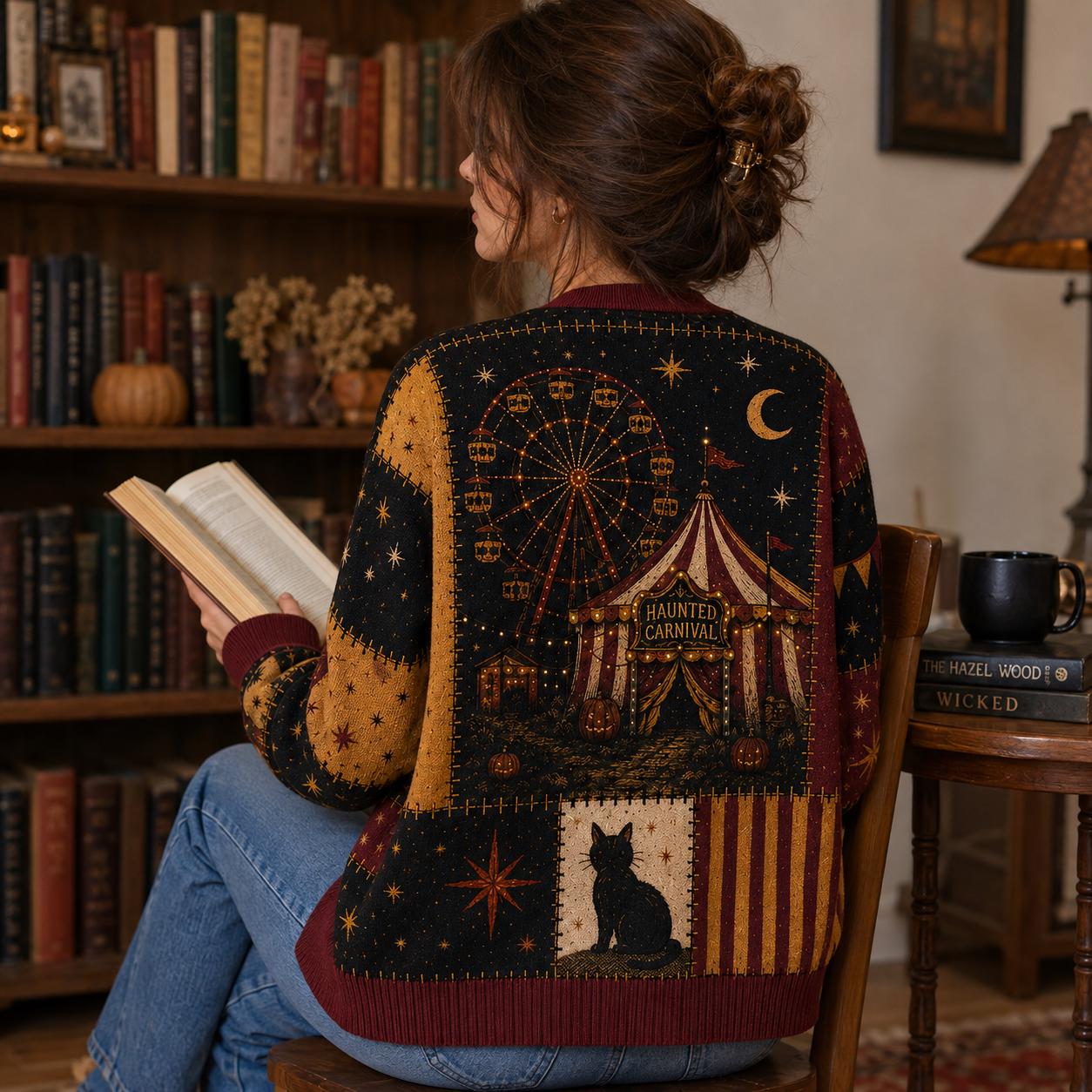 Halloween Vintage Carnival Black Cat Cardigan - Image 2