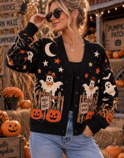 Halloween Retro Pumpkin Farm Ghost Cardigan