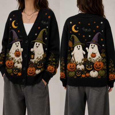 Halloween Cute Ghost Witch Pumpkin Cardigan