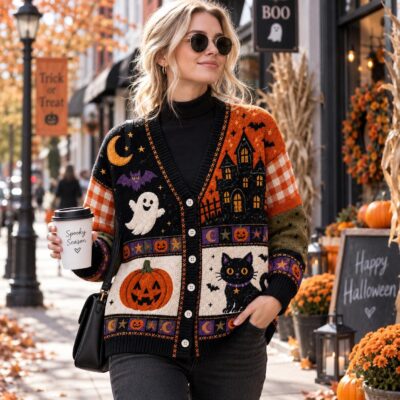 Halloween Vintage Pumpkin Cat Patchwork Cardigan