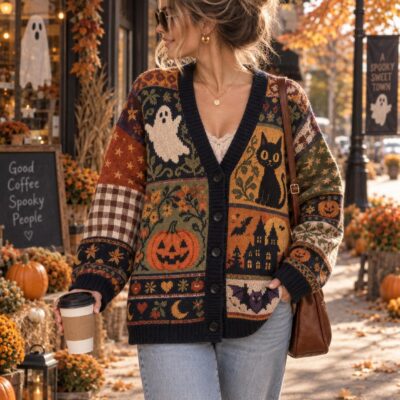 Halloween Ghost Pumpkin Patchwork Vintage Cardigan