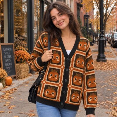 Halloween Pumpkin Autumn Button Up Cardigan