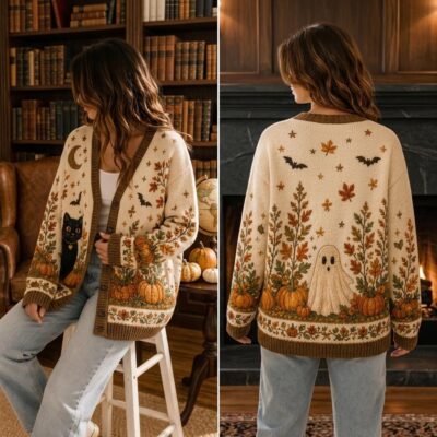 Halloween Cottagecore Ghost Cat Patchwork Cardigan