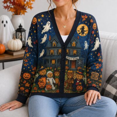 Halloween Vintage Bears Haunted Pumpkin Cardigan