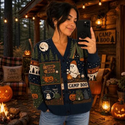 Halloween Camping Ghost Pumpkin Campfire Cardigan