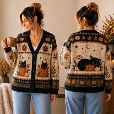 Halloween Cozy Black Cat Pumpkin Cardigan