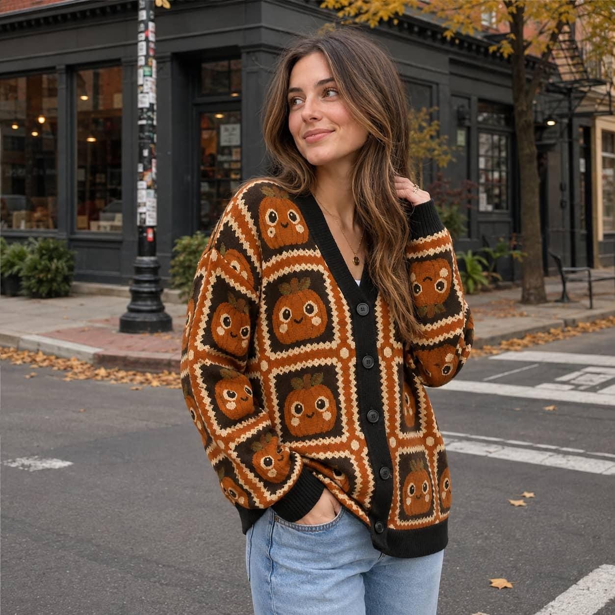Halloween Pumpkin Autumn Button Up Cardigan - Image 2